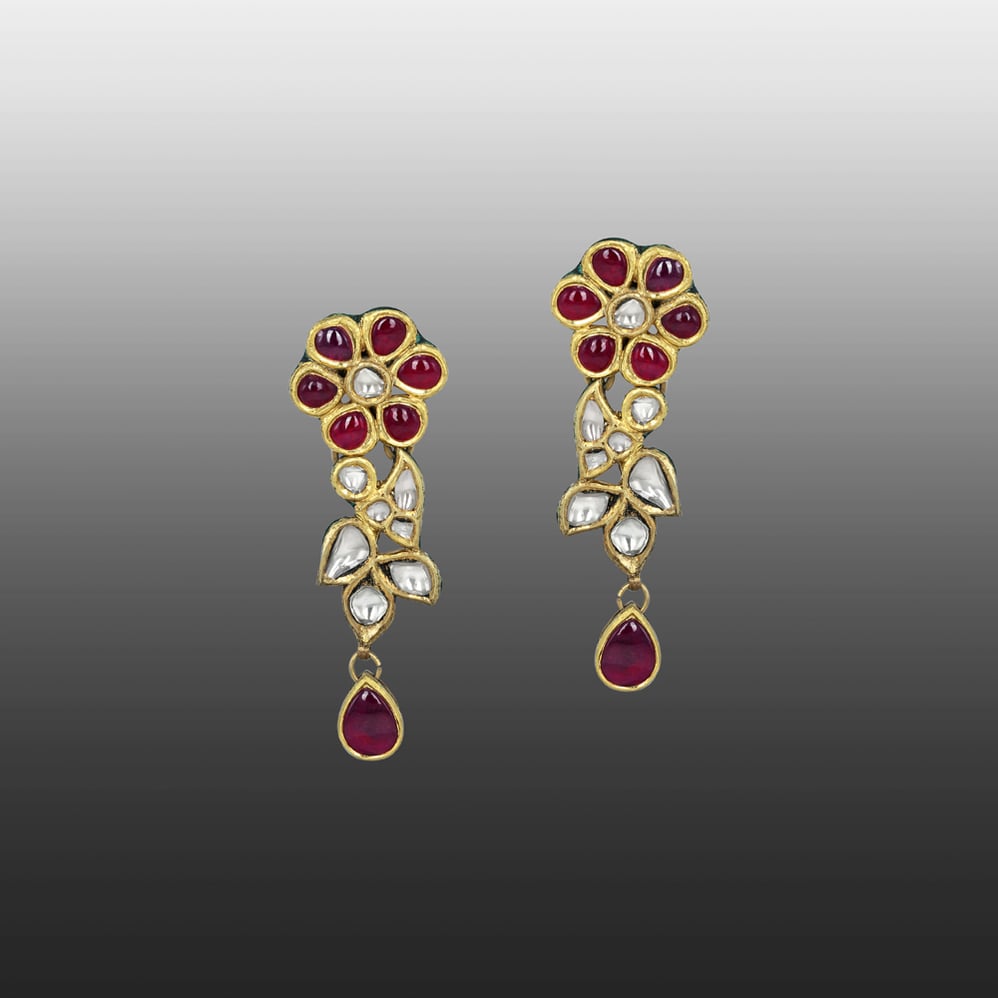 Floral Red Cabochon Earrings with Polki Diamonds and Teardrops